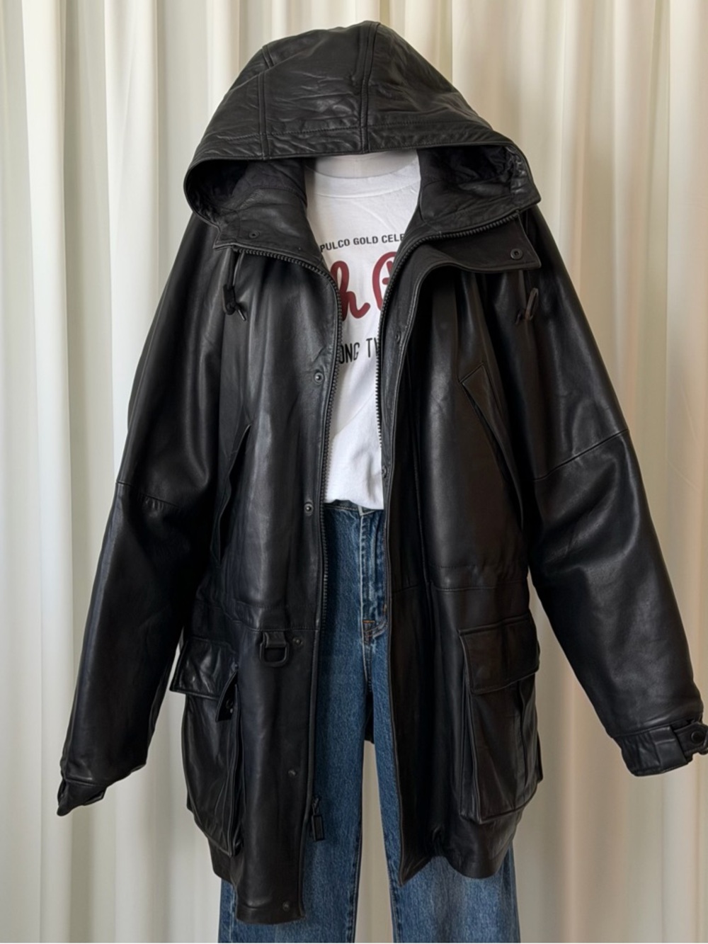 Vintage 90s Polo Sport Ralph Lauren Leather Parka Jacket Hooded Black XL Rare. - Picture 4 of 16